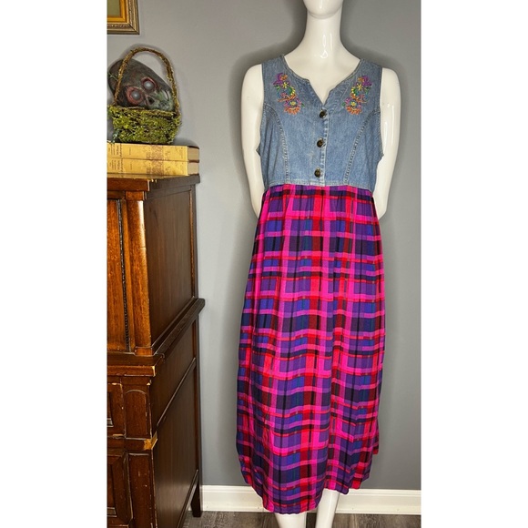vintage 90s Carol Little : denim & plaid dress - Picture 1 of 16